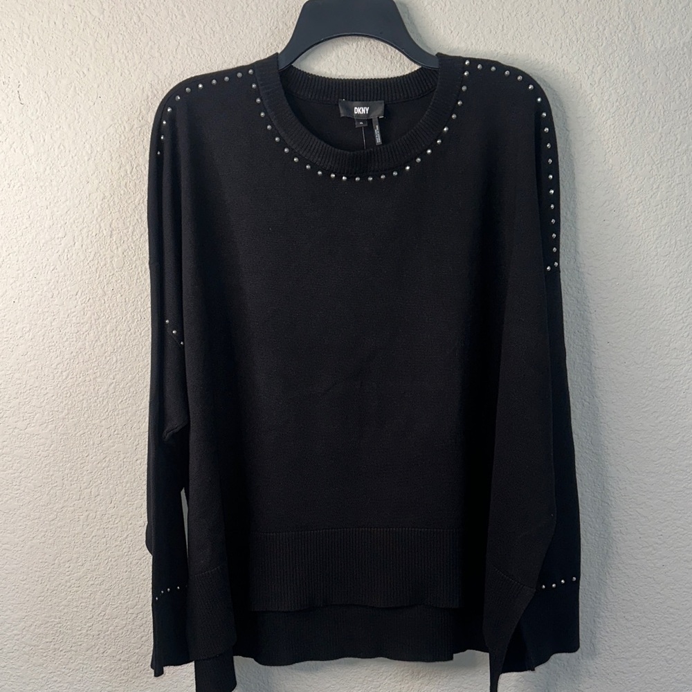 DKNY Black Crew Neck Sweater with Stud Details‎